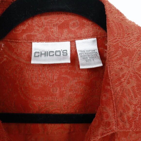 Chico's Corduroy Burnout Shirt Womens M Orange Western Preppy 70's Boho Academia - Picture 2 of 16